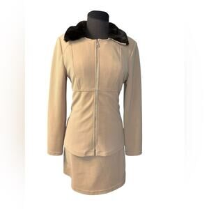 Y2K Fur Collar Ribbed Stretch Knit Dress Jacket Coord Set Size S Mob Wife Glam